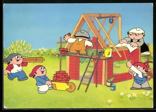 Künstler-AK ZDF-Meinzelmännchen beim Häuserbau auf der Baustelle