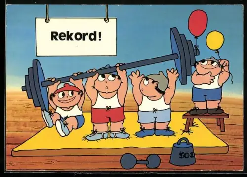 Künstler-AK ZDF-Mainzelmännchen beim Gewichtshaben im Fitnessstudio