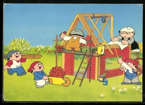 Künstler-AK ZDF-Meinzelmännchen beim Häuserbau auf der Baustelle