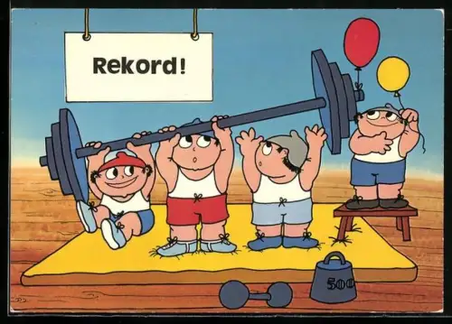 Künstler-AK ZDF-Mainzelmännchen beim Gewichtshaben im Fitnessstudio