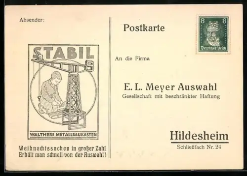 AK Hildesheim, E. L. Meyer Auswahl G. m. b. H., Junge mit Kran, Reklame für Stabil Althers Metallbaukasten