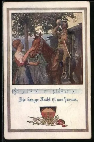 Künstler-AK Karl Friedrich Gsur, Deutscher Schulverein Nr. 1234: Lied Die bange Nacht..., Reiter auf seinem Pferd