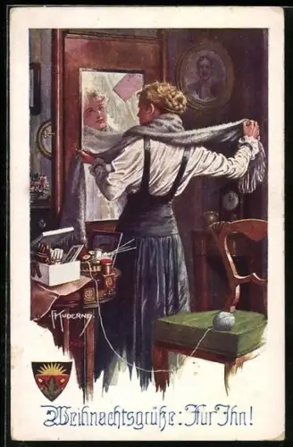 Künstler-AK Franz Kuderna, Deutscher Schulverein Nr. 823: Dame mit neuem Schal vor Spiegel