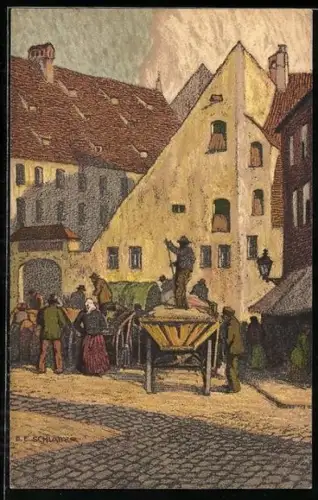Künstler-AK Ernst E.Schlatter: Kartoffelmarkt, Bauern verkaufen ihre Ware