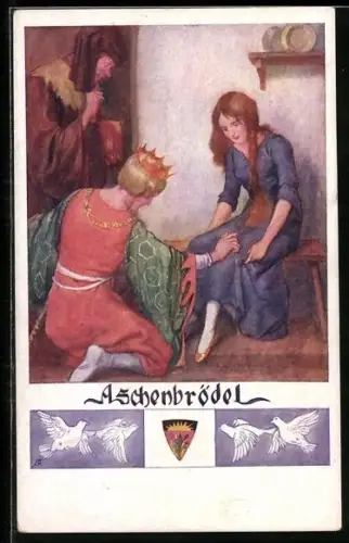 AK Aschenbrödel, Aschenputtel probiert den Schuh des Prinzen an, Deutscher Schulverein