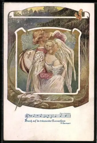 AK Deutscher Schulverein NR 1237, W. Braun, Lautenspieler geht mit seiner Liebsten spazieren