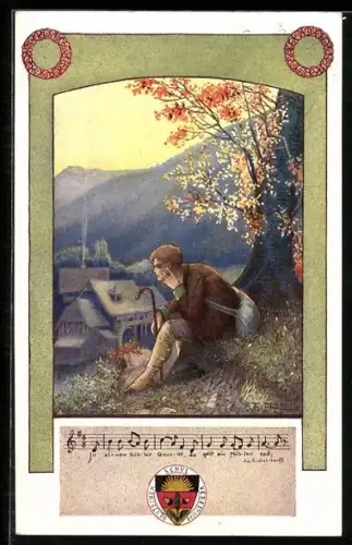 Künstler-AK T.Welzl: Junger Wanderer sitzt an einem Baum, Deutscher Schulverein