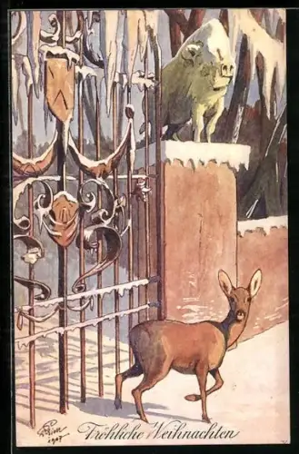 AK Reh vor einem Schlossportal, Weihnachtsgruss