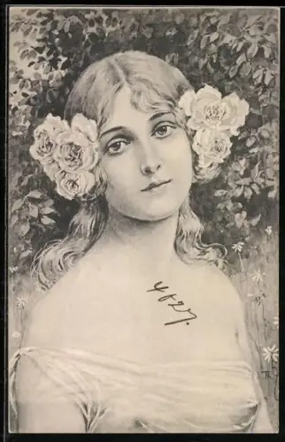 Künstler-AK Th.Zasche: Mädchen im Garten mit Rosen im Haar