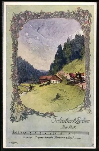 Künstler-AK sign. O. Elsner: Schubertlieder, Die Post, Von der Strasse her ein Posthorn klingt...