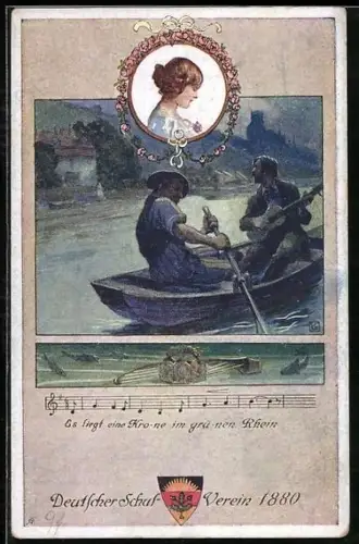 Künstler-AK Karl Friedrich Gsur: Deutscher Schulverein Nr.91: Mann mit Gitarre, Es liegt eine Krone im grünen Rhein