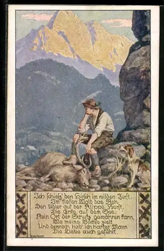 Künstler-AK Ernst Kutzer: Ich schiess'den Hirsch..., Jäger sitzt auf einem Berg