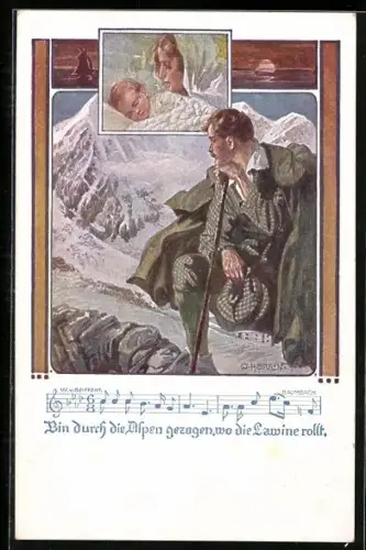 Künstler-AK W. Braun: Deutscher Schulverein Nr. 1239, Bergsteiger denkt an Frau und Kind