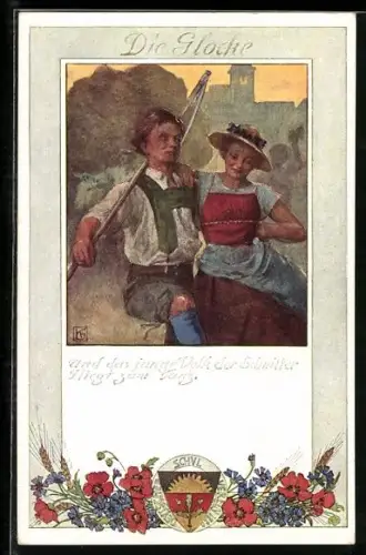 Künstler-AK Karl Friedrich Gsur: Deutscher Schulverein NR: 199, Die Glocke, tanzendes Bauernpaar