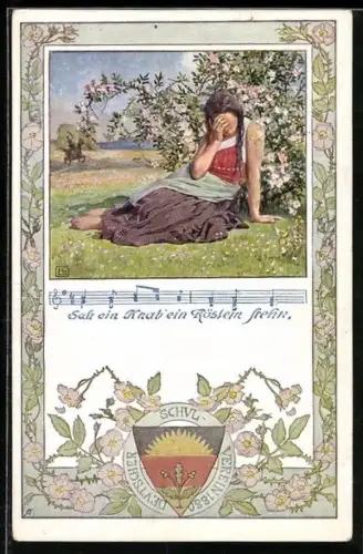 Künstler-AK Karl Friedrich Gsur: Deutscher Schulverein: Lied Sah ein Knab ein Röslein stehn, Mädchen vor einem Busch