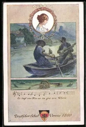 Künstler-AK Karl Friedrich Gsur: Deutscher Schulverein Nr.91: Mann mit Gitarre, Es liegt eine Krone im grünen Rhein