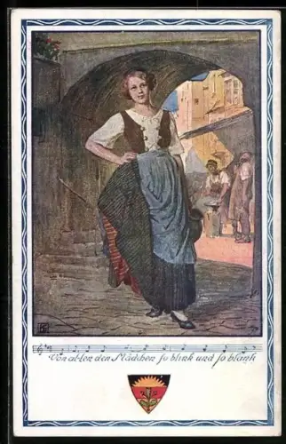 Künstler-AK Karl Friedrich Gsur: Deutscher Schulverein Nr.372 Von allen Mädchen so blink und so blank Mädchen mit Krug