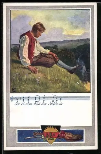 Künstler-AK Karl Friedrich Gsur, Deutscher Schulverein Nr. 374: Wanderer an einer Mühle, Lied: In einem kühlen Grunde