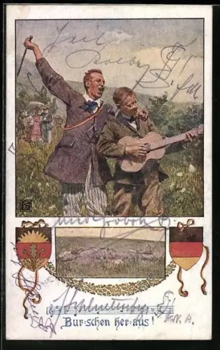 AK Deutscher Schulverein NR 1232: Studenten musizieren mit Gitarre, Liedtext Burschen heraus!, Wappen