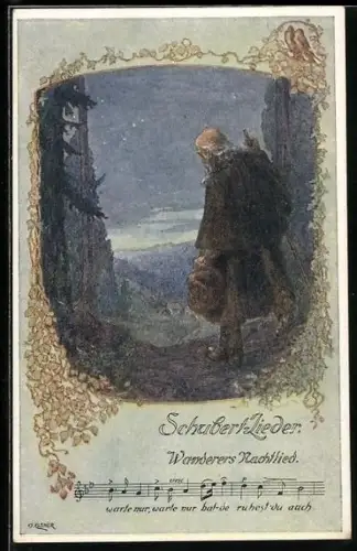 Künstler-AK sign. O. Elsner: Schubert-Lieder, Wanderers Nachtlied, Wanderer vor dem Ort