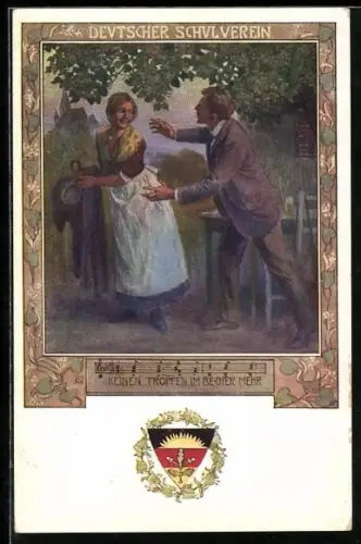 Künstler-AK Karl Friedrich Gsur: Deutscher Schulverein NR.84: Wirtin bittet ihren Gast zu gehen, mit Liedzeile