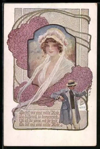 Künstler-AK W. Braun: Zofe und elegant gekleideter Herr am Blütenstrauch, Deutscher Schulverein