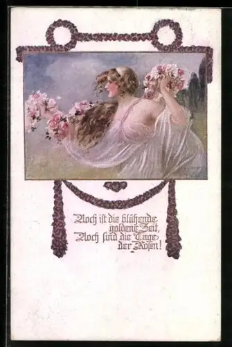 Künstler-AK W. Braun, Deutscher Schulverein Nr. 1077: Junge Frau in dünnem Gewand mit Kränzen aus blühenden Rosen