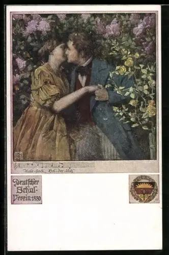 Künstler-AK Karl Friedrich Gsur, Deutscher Schulverein NR 460: Paar küsst sich im Rosenstock