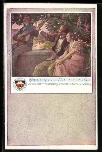 Künstler-AK Karl Friedrich Gsur: Deutscher Schulverein NR 63, Musikant mit Gitarre und verliebtes Paar, Notenzeile, Lied