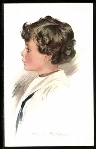 Künstler-AK sign. Adamson: Mädchen seitlich portraitiert mit blauem Binder