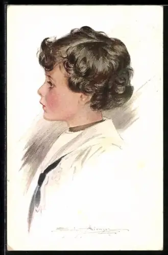 Künstler-AK sign. Adamson: Mädchen seitlich portraitiert mit blauem Binder