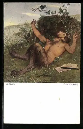 Künstler-AK Arnold Böcklin: Faun zwitschert mit einer Amsel um die Wette