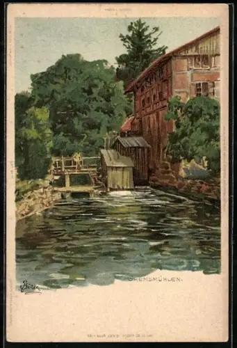 Künstler-AK Carl Biese: Gremsmühlen, Partie an der Mühle
