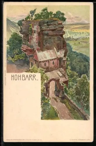 Künstler-Lithographie Franz Xaver Hoch: Saverne, Blick zur Burgruine Hohbarr