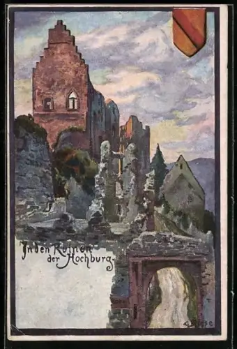 Künstler-AK Carl Biese: In den Ruinen der Hochburg, Motiv mit Wappen