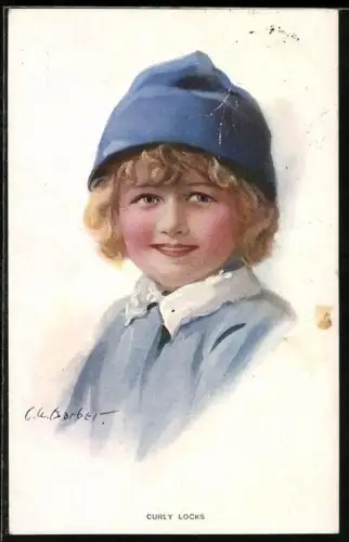 Künstler-AK Court Barber: Blondes Kind mit blauer Mütze und Locken