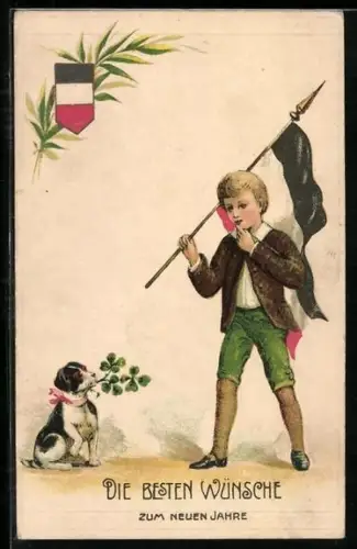 AK Junge mit Reichsfahne u. einem Terrier, Neujahr, Wappen