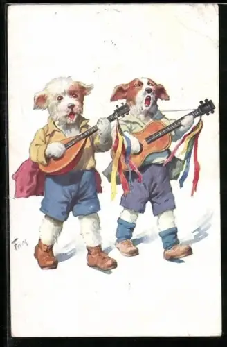 AK zwei Hunde beim Gitarre spielen und singen