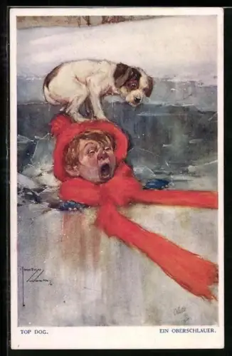Künstler-AK Lawson Wood: Junge ist ins Eis eingebrochen und schreit mit Hund auf dem Kopf, Christmas greetings