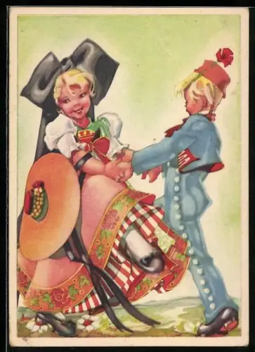 Künstler-AK Paar in Tracht aus dem Elsass beim Volkstanz