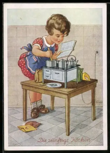 Künstler-AK Dörfel: Die zünftige Köchin am Herd