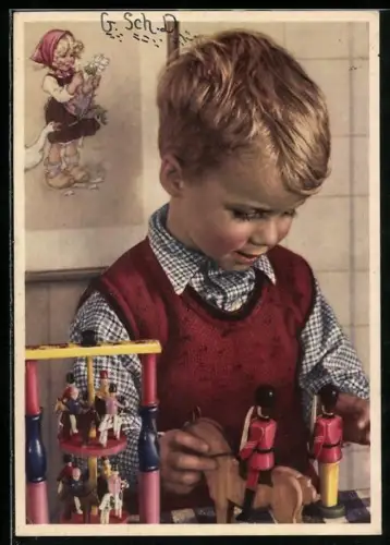 AK Junge spielt mit Holzfiguren, Pferd, Soldaten, Holzspielzeug