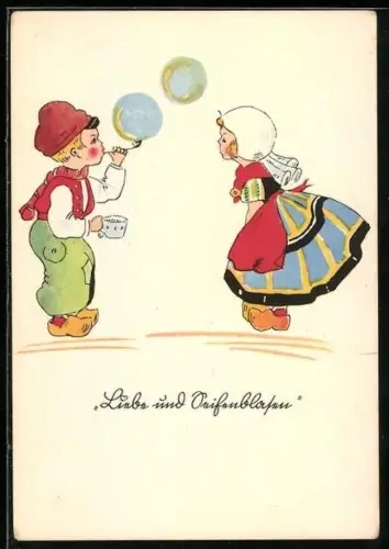 AK Junge in Tracht macht Seifenblasen, Mädchen schaut ihm bewundernd zu, Liebe und Seifenblasen