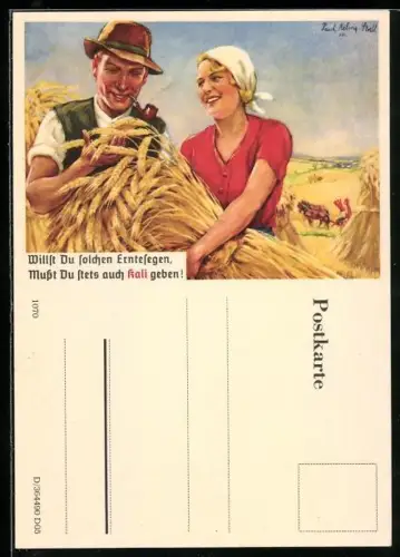 AK Reklame für Kalisalz-Dünger, Paar im Feld bei der Getreideernte