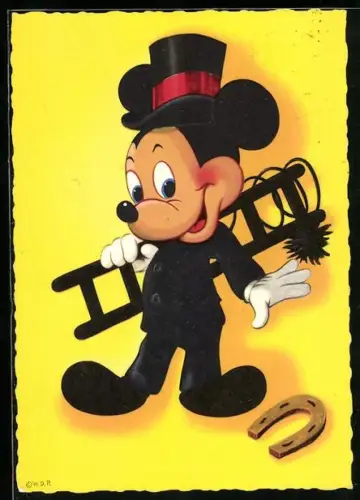 AK Micky Maus als Schornsteinfeger, Hufeisen, Walt Disney