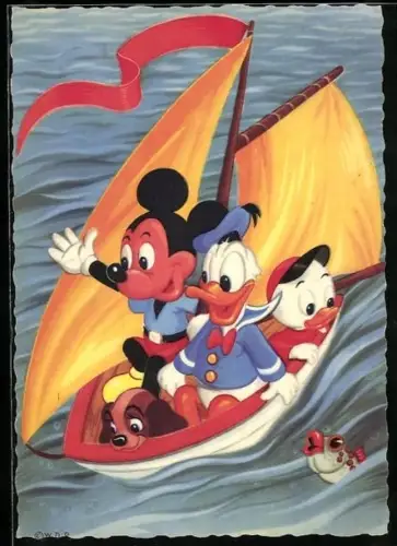 AK Walt Disney`s Micky Mouse und Donald in Segelboot