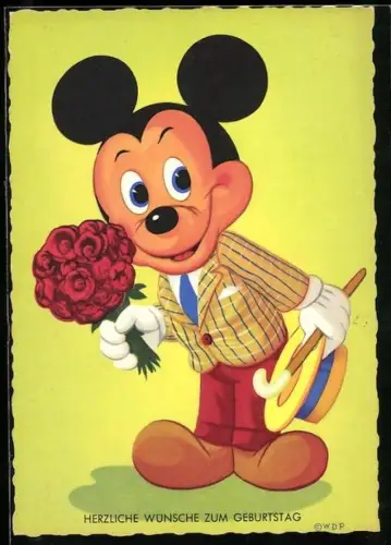 AK Micky Maus im Anzug und mit einem Strauss Rosen