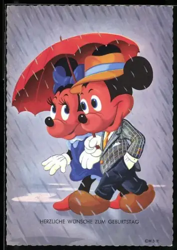 AK Mickey Maus und Minnie mit Regenschirm