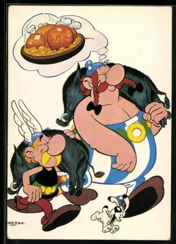 Künstler-AK Asterix und Obelix nach erfolgreicher Wildschweinjagd, Comic