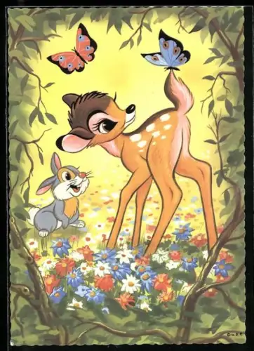 AK Bambi und Klopfer mit Schmetterlingen